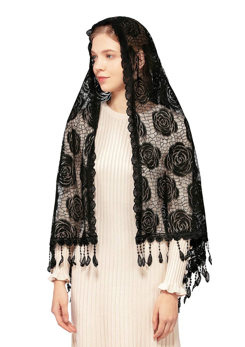 Wgior Rose Rectangular Chapel Veil Scarf Catholic Church Veils Mantilla Wrap Shawl Mass Head Covering (Black) - Image 2