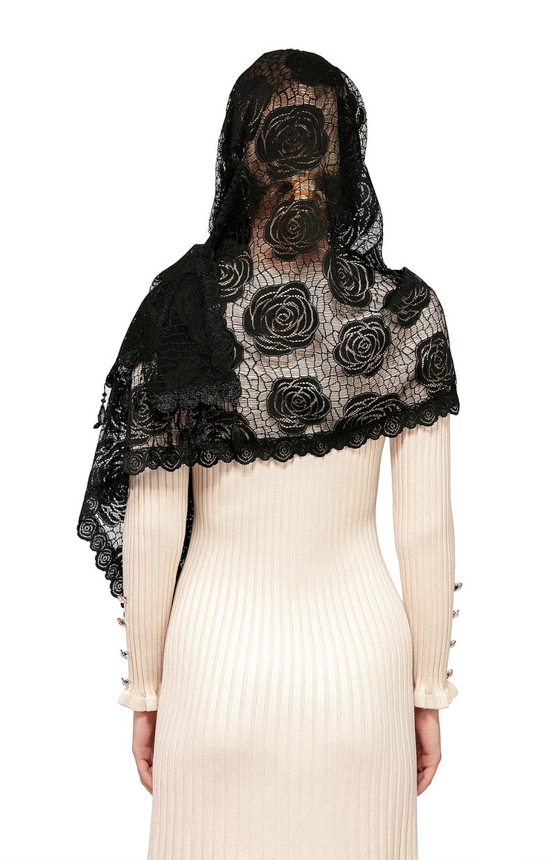 Wgior Rose Rectangular Chapel Veil Scarf Catholic Church Veils Mantilla Wrap Shawl Mass Head Covering (Black) - Image 5