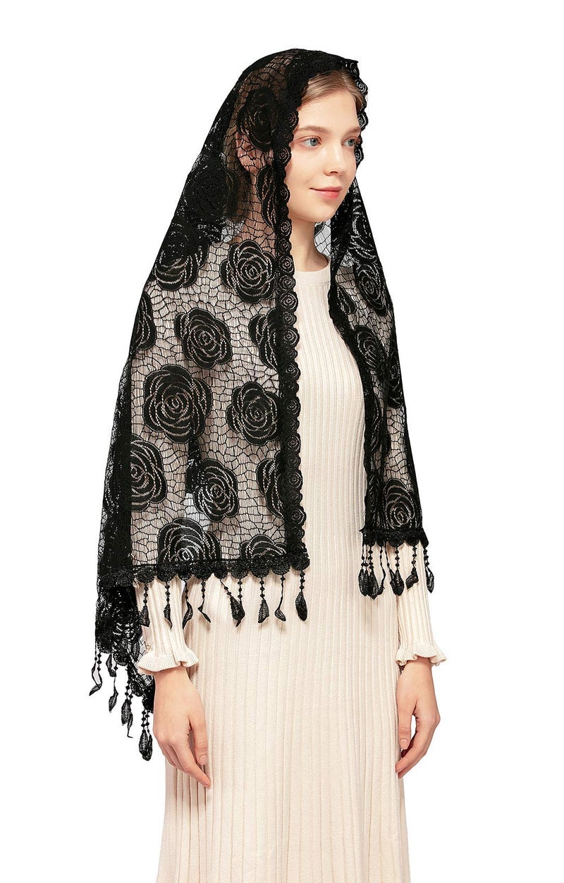 Wgior Rose Rectangular Chapel Veil Scarf Catholic Church Veils Mantilla Wrap Shawl Mass Head Covering (Black) - Image 3