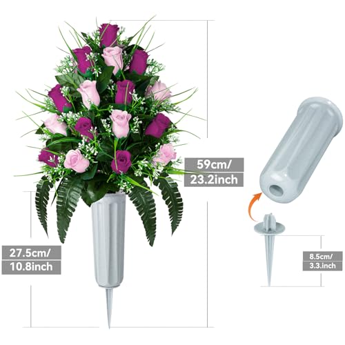 XONOR 2 Sets Artificial Cemetery Flowers Grave Decorations Roses Memorial Flowers Bouquet with Vase for Grave Cemetery Decoration PurplePink - Image 3
