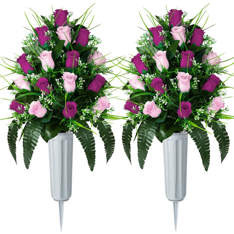 XONOR 2 Sets Artificial Cemetery Flowers Grave Decorations Roses Memorial Flowers Bouquet with Vase for Grave Cemetery Decoration PurplePink - Image 2