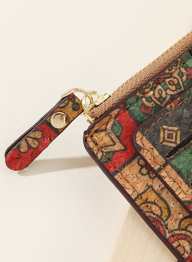 Happy D Small Slim Thin Credit Card Bag for Women, Vintage Print Blocking Bifold Cork Wallet with Zipper Coin Pocket,ID Window (Green Grid) - Image 4