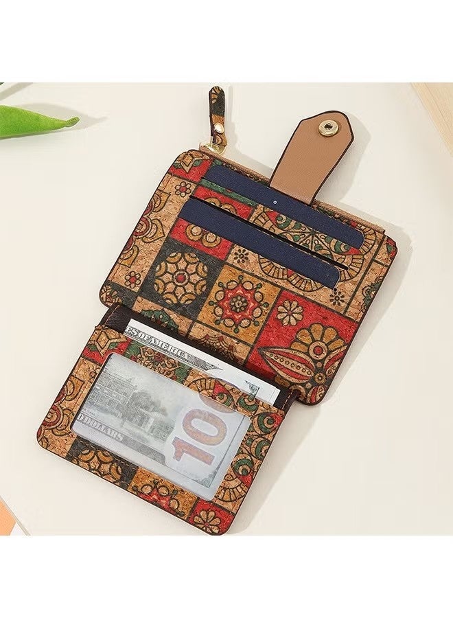Happy D Small Slim Thin Credit Card Bag for Women, Vintage Print Blocking Bifold Cork Wallet with Zipper Coin Pocket,ID Window (Green Grid) - Image 3