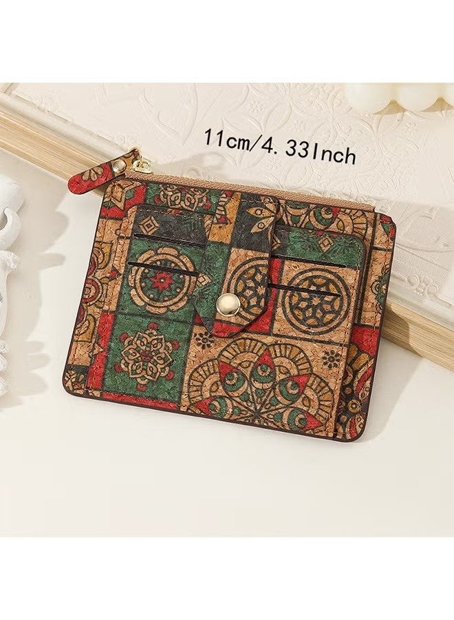 Happy D Small Slim Thin Credit Card Bag for Women, Vintage Print Blocking Bifold Cork Wallet with Zipper Coin Pocket,ID Window (Green Grid) - Image 5