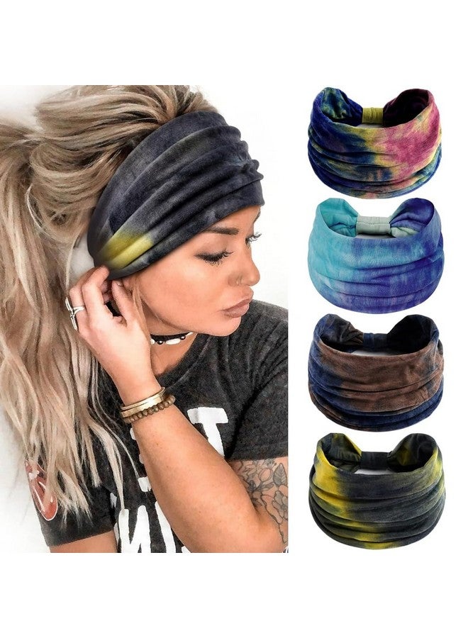 MAYCREATE® 4 Pack Wide Headband for Women, Stretchy Knotted Head Bands for Women, Polyester Tie-dye Print Hairband for Women Ladies, Stylish Hair Bands Yoga Sweatband Sports Head Wraps - Image 1
