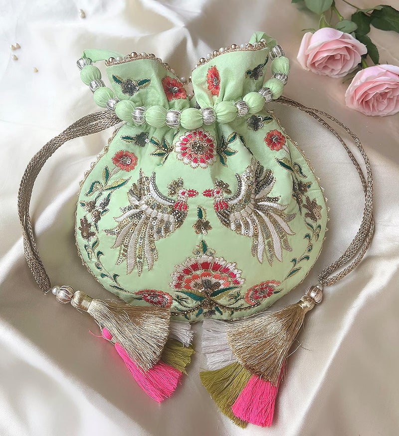 MASQ by Q-One Embroidered Silk Potli Bags - Handcrafted for Weddings, Festive Season & Special Occasions with Beads and Sequins - Made in India - Image 2