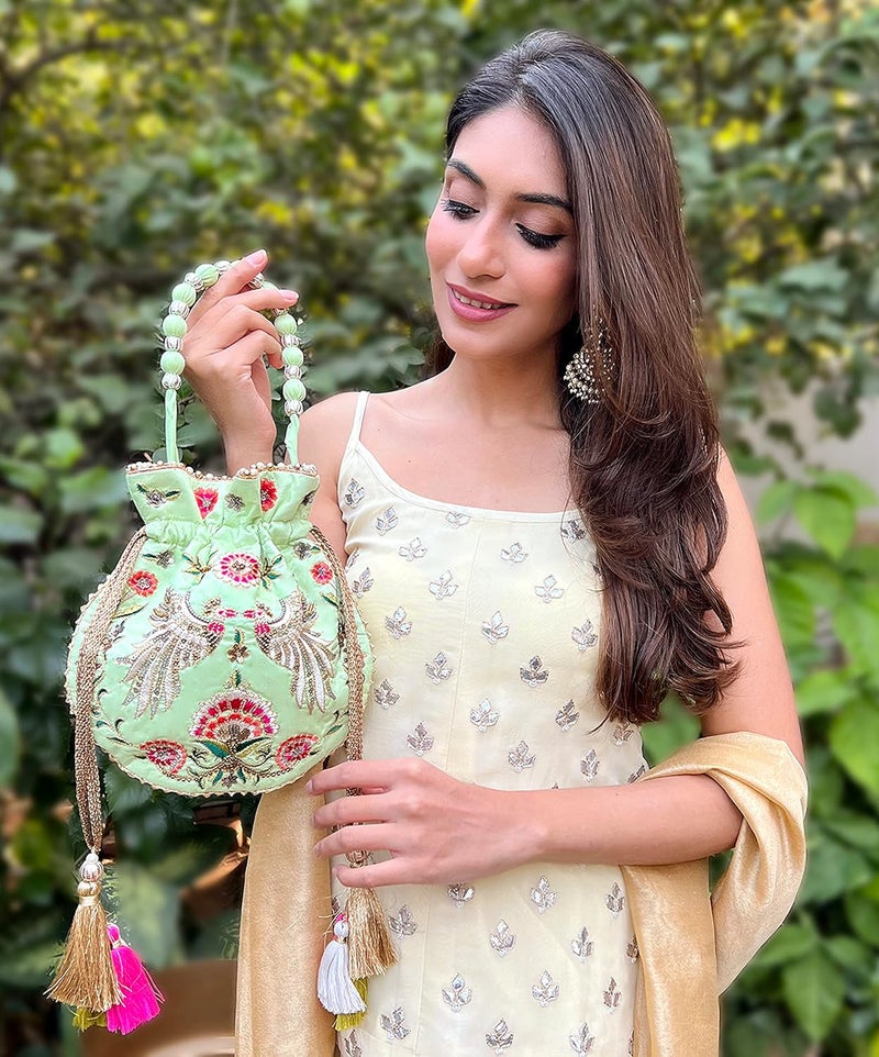 MASQ by Q-One Embroidered Silk Potli Bags - Handcrafted for Weddings, Festive Season & Special Occasions with Beads and Sequins - Made in India - Image 4