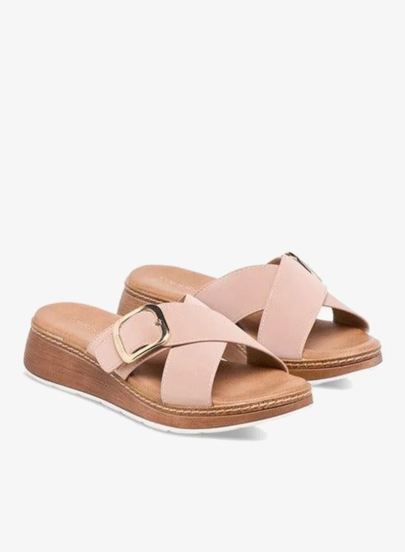 Paprika Women Buckle Accent Slip-On Cross Strap Sandals