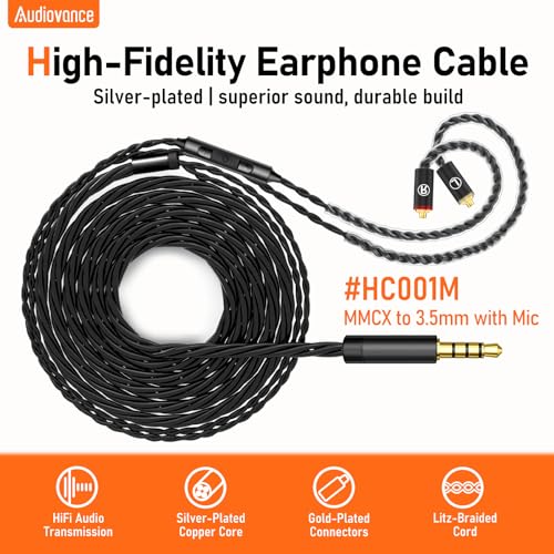 Audiovance Premium HiFi IEM Cable with Mic – Silver-Plated 3.5mm to MMCX Cord - Lossless Sound for Shure SE215/315/425/535/846 & Vibes 201/202 - Tangle-Free in-Ear Monitor Cables - Black (HC001M) - Image 2