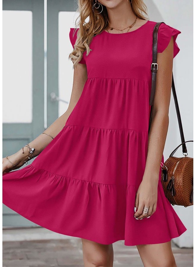 KIRUNDO Women's Sleeveless Ruffle Sleeve Round Neck Loose Short Flowy Pleated Mini Dresses, Rose Red, M - Image 5