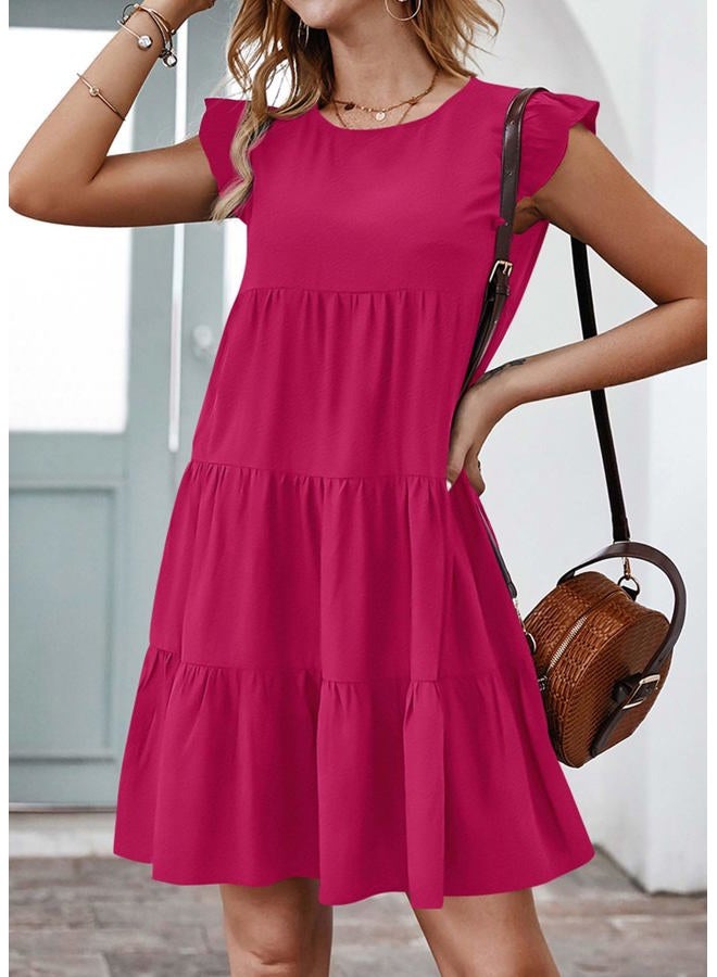 KIRUNDO Women's Sleeveless Ruffle Sleeve Round Neck Loose Short Flowy Pleated Mini Dresses, Rose Red, M - Image 3
