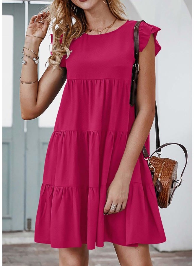KIRUNDO Women's Sleeveless Ruffle Sleeve Round Neck Loose Short Flowy Pleated Mini Dresses, Rose Red, M - Image 4