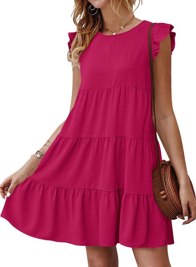 KIRUNDO Women's Sleeveless Ruffle Sleeve Round Neck Loose Short Flowy Pleated Mini Dresses, Rose Red, M - Image 1