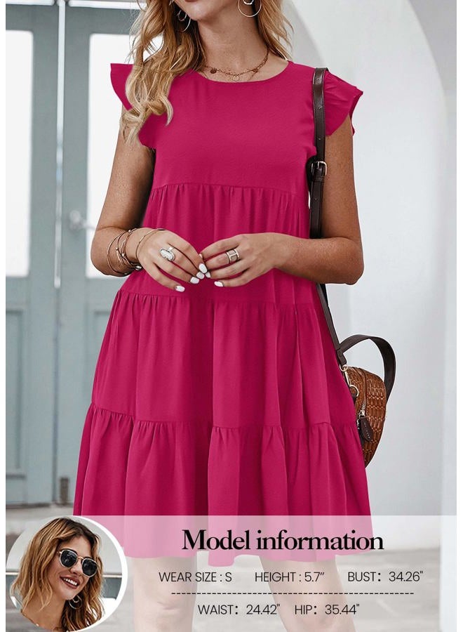 KIRUNDO Women's Sleeveless Ruffle Sleeve Round Neck Loose Short Flowy Pleated Mini Dresses, Rose Red, M - Image 2