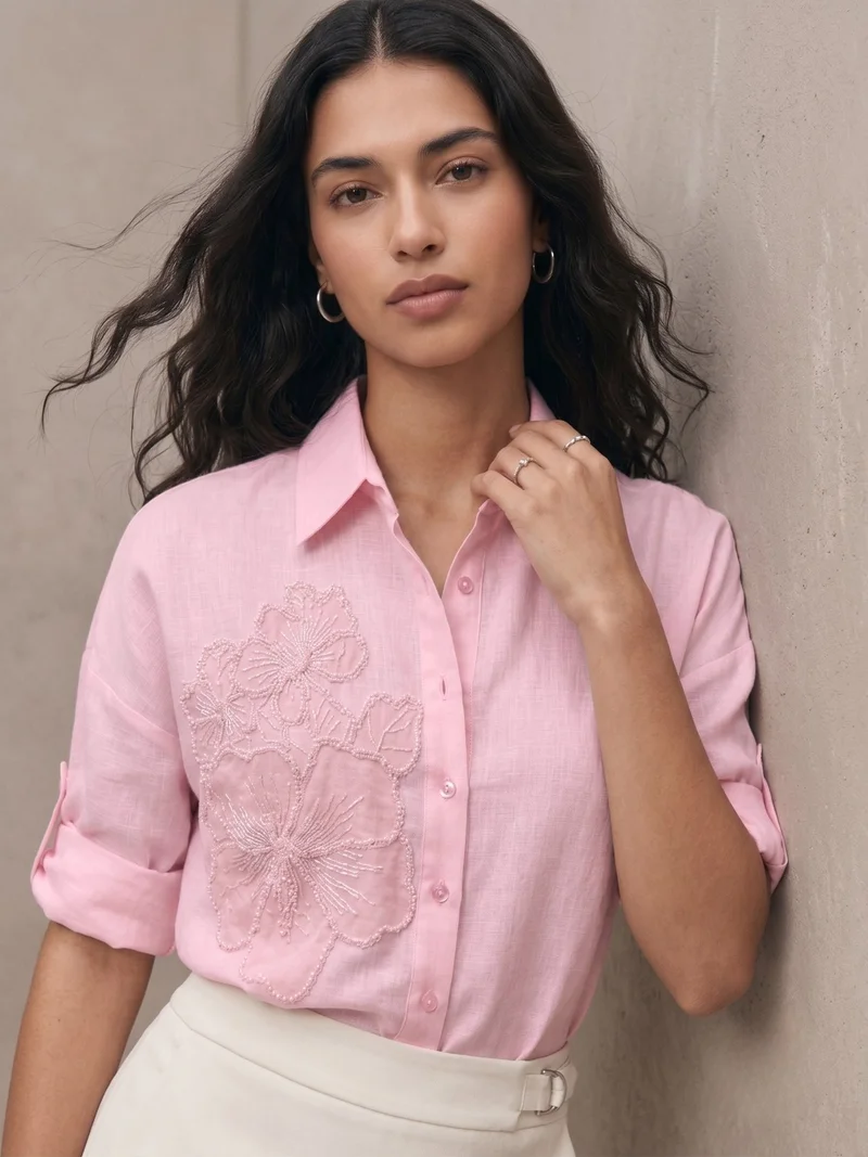 أوجيدر Light Pink Floral Embroidered Applique Shirt
