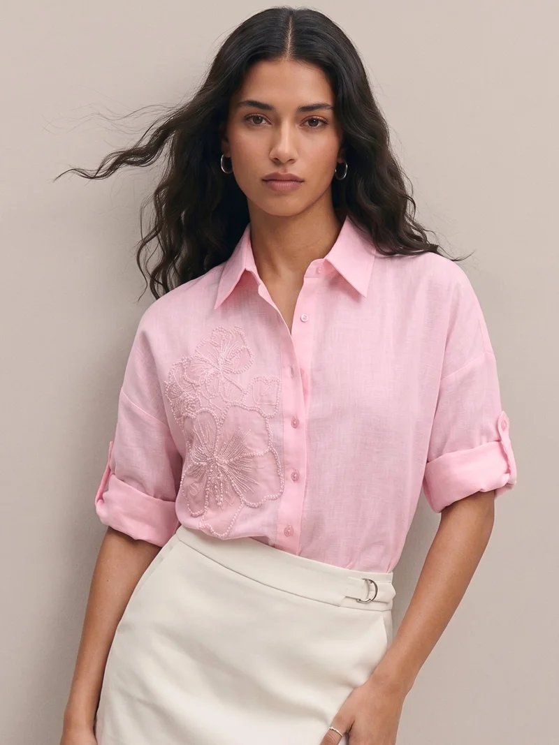 أوجيدر Light Pink Floral Embroidered Applique Shirt