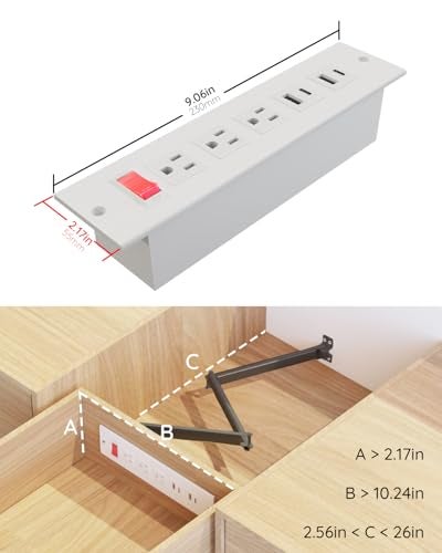 JACEPFY Drawer Outlet with USB C PD20W Fast Charger Station, Recessed Outlet, Power Cable and Cord Management Arm for Cabinets (White) - Image 4