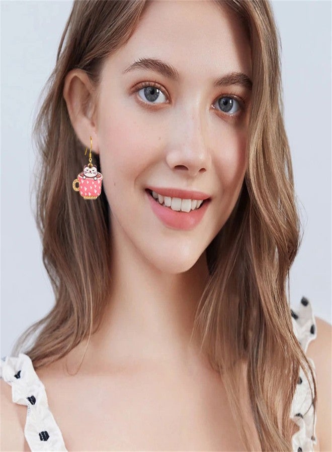 WCRAZYE 6 Pairs Cute Anime Cat Dangle Earrings Set for Women Funny Aesthetic Animal Floral Teacup Cat Earrings Cartoon Kitten Dangle Earrings Lover Cat Birthday Gifts (B Cat Earrings) - Image 3