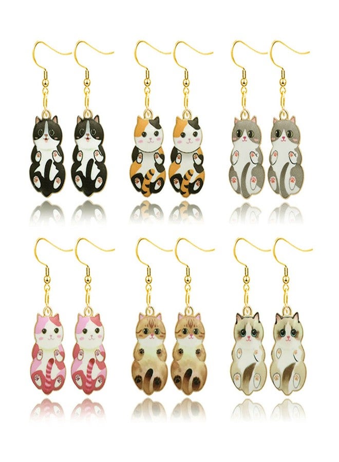 WCRAZYE 6 Pairs Cute Anime Cat Dangle Earrings Set for Women Funny Aesthetic Animal Floral Teacup Cat Earrings Cartoon Kitten Dangle Earrings Lover Cat Birthday Gifts (B Cat Earrings) - Image 1
