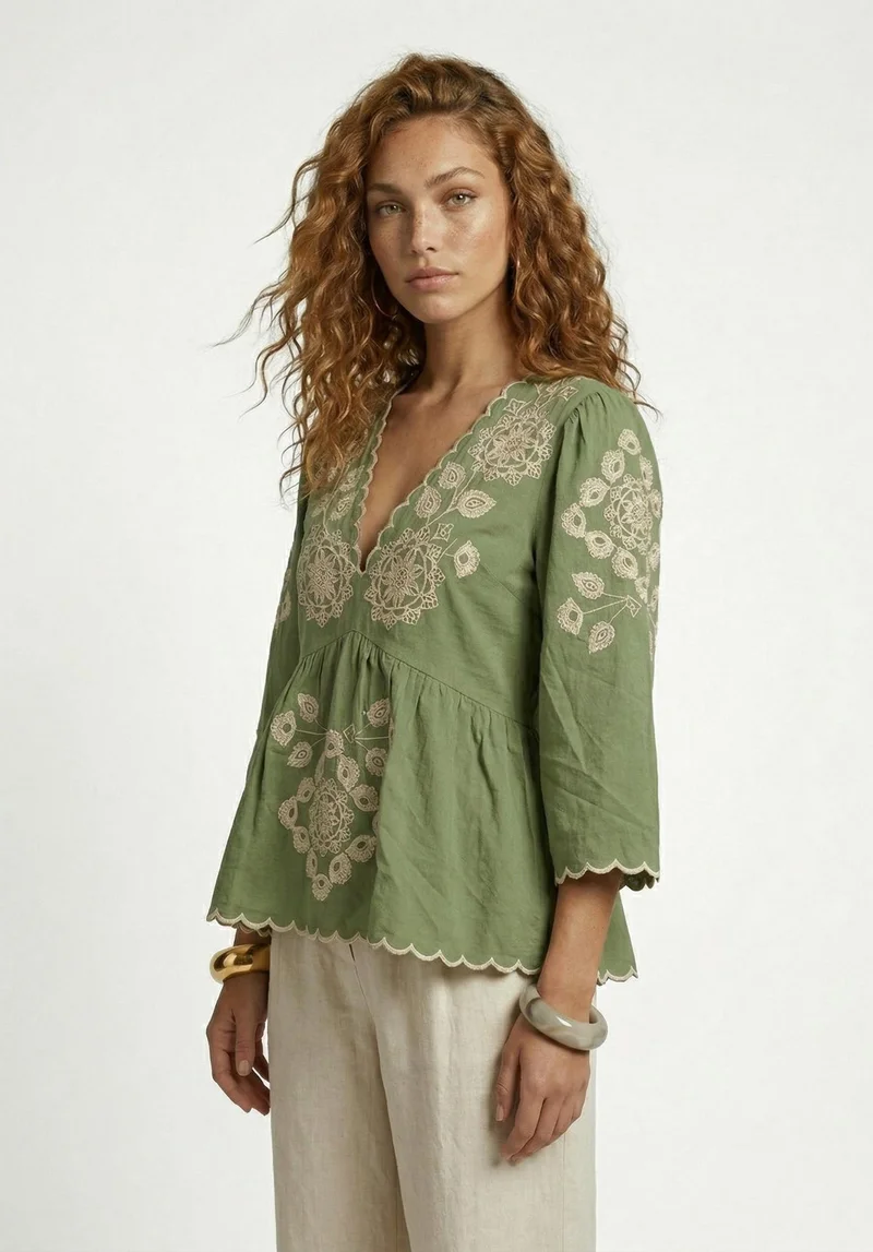 رافاي Aubrey V-Neck Embroidered Blouse In Green