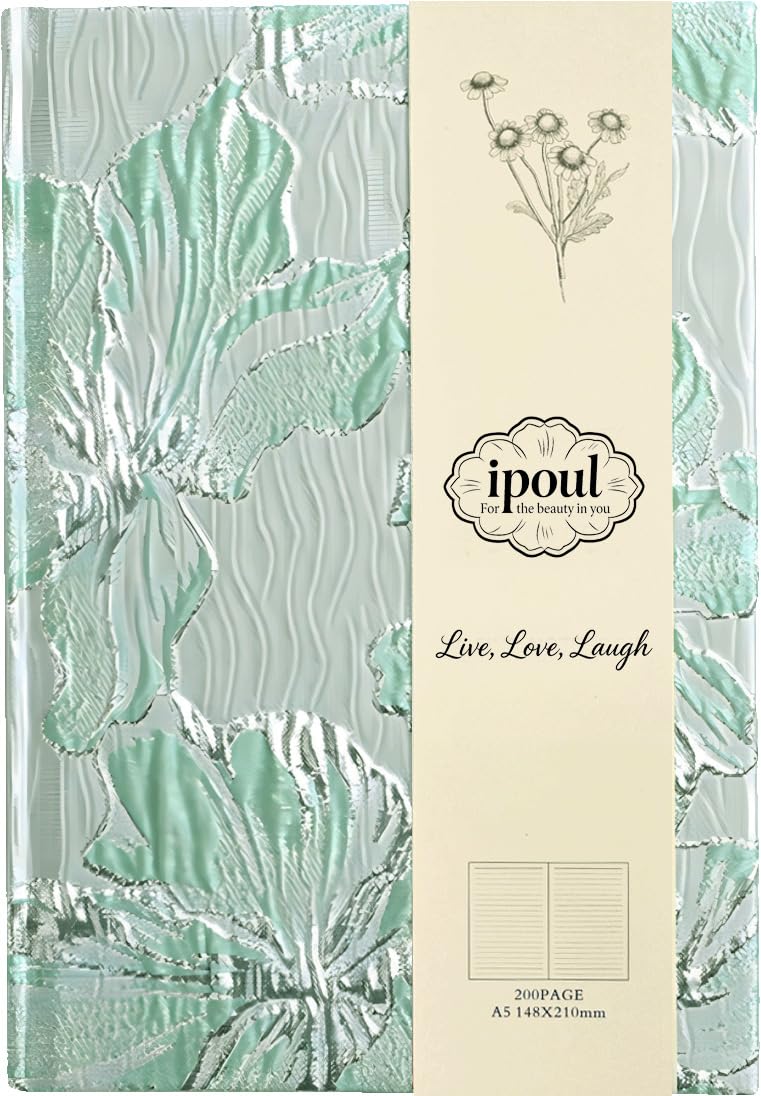 ipoul Flower Notebook, Hardcover, Lay Flat, A5, 6x8, Wide Ruled Pages, Writing Journal for Women, Pretty Notebook, Recipe Journal, Garden Journal, Gratitude Journal, Lily Gifts, Green - Image 1