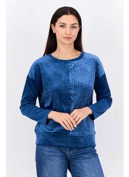 Women Round Neck Long Sleeve Animal Print Sweatshirt, Blue