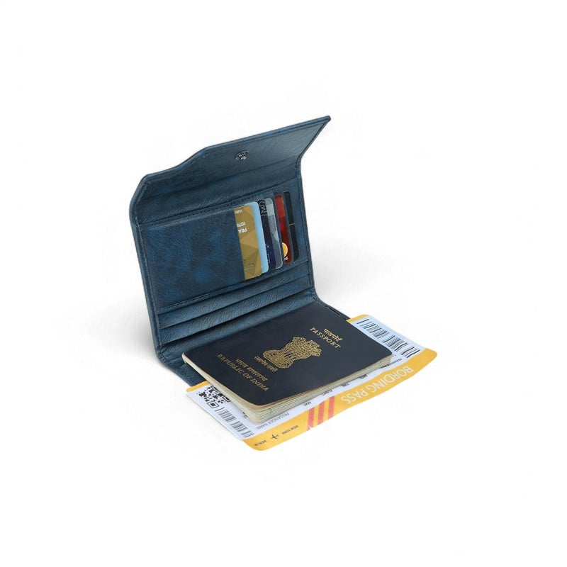 EUME Crest Passport Holder for Men & Women, Volcanic Blue |Trifold Premium Vegan Leather | 6 Card Slots, 1 Compartment, 2 Slip Pockets | Passport Pouch | Travel Document Organiser | Passport Cover - Image 5