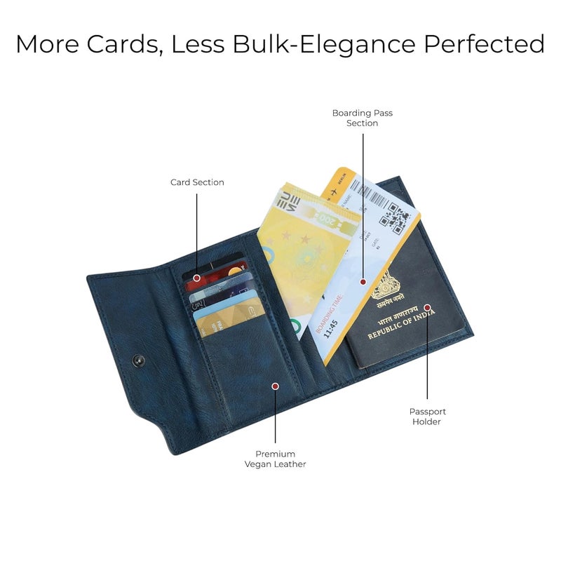 EUME Crest Passport Holder for Men & Women, Volcanic Blue |Trifold Premium Vegan Leather | 6 Card Slots, 1 Compartment, 2 Slip Pockets | Passport Pouch | Travel Document Organiser | Passport Cover - Image 4