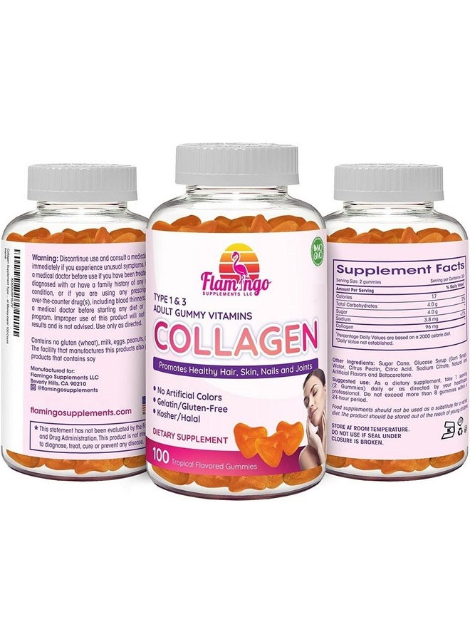 Flamingo Supplements - Hydrolyzed Collagen Gummies Type I & Iii; Kosher & Halal No Gelatin Non Gmo; Strengthen Hair Skin Nails & Joint Care; Orange Flavor; 100 Count - Image 1