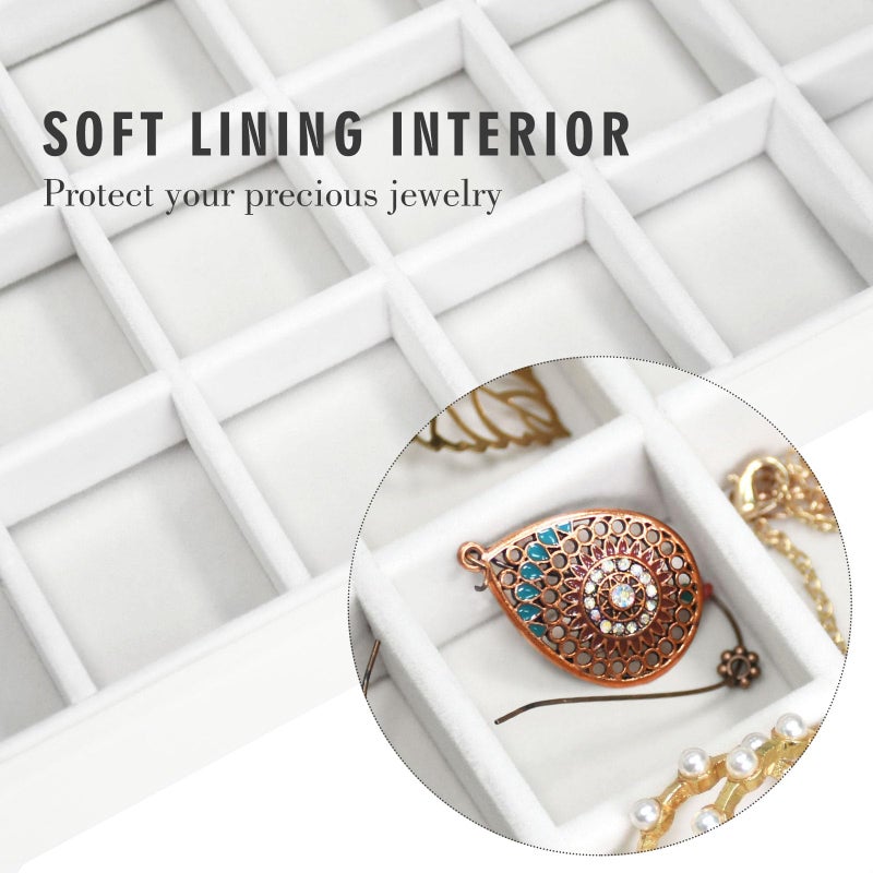 Siveit Velvet Jewelry Tray 48 Grid Jewelry Display Tray Organizer Box with Transparent Lid Rings Earrings Necklaces Pendants Display Box Suitable for Women and Girls (Ivory) - Image 2