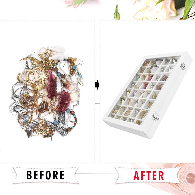 Siveit Velvet Jewelry Tray 48 Grid Jewelry Display Tray Organizer Box with Transparent Lid Rings Earrings Necklaces Pendants Display Box Suitable for Women and Girls (Ivory) - Image 5