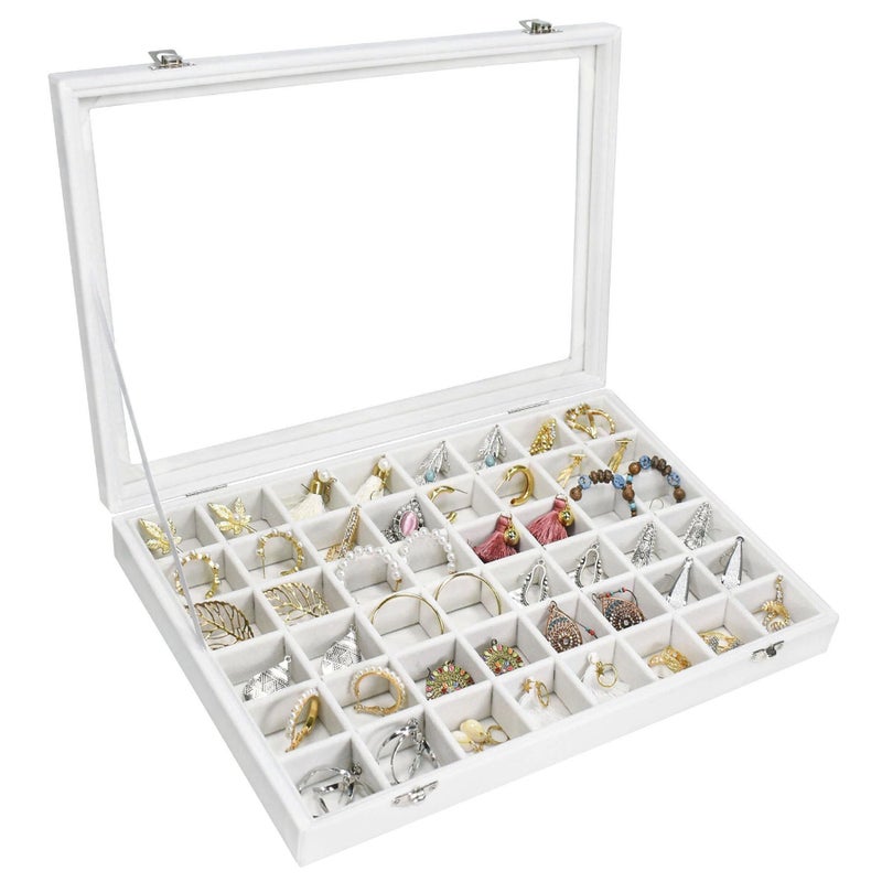 Siveit Velvet Jewelry Tray 48 Grid Jewelry Display Tray Organizer Box with Transparent Lid Rings Earrings Necklaces Pendants Display Box Suitable for Women and Girls (Ivory) - Image 1