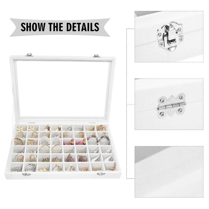 Siveit Velvet Jewelry Tray 48 Grid Jewelry Display Tray Organizer Box with Transparent Lid Rings Earrings Necklaces Pendants Display Box Suitable for Women and Girls (Ivory) - Image 4