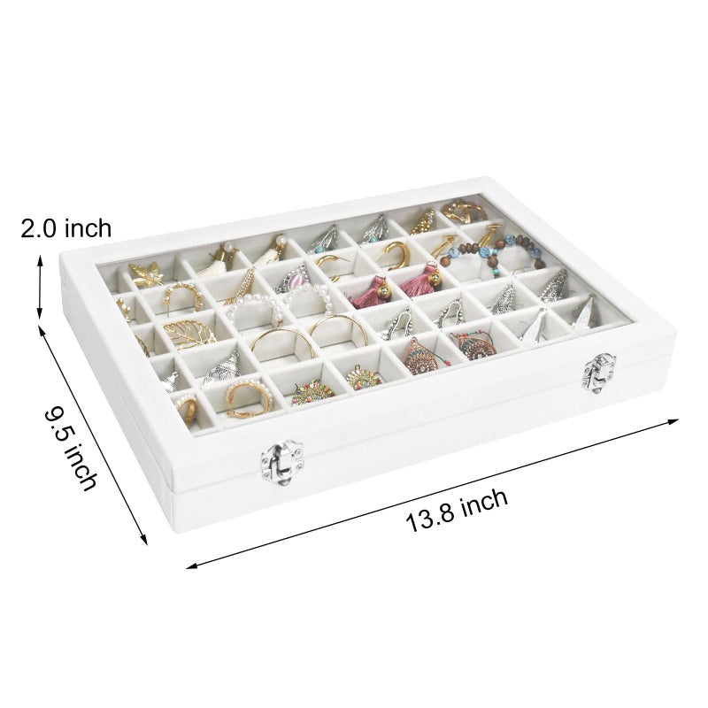 Siveit Velvet Jewelry Tray 48 Grid Jewelry Display Tray Organizer Box with Transparent Lid Rings Earrings Necklaces Pendants Display Box Suitable for Women and Girls (Ivory) - Image 3