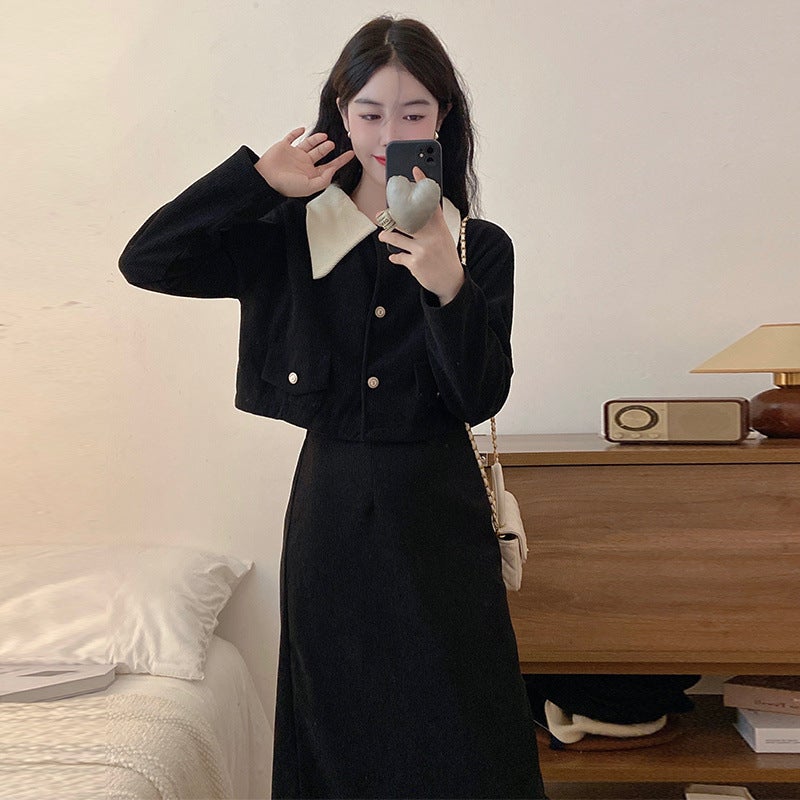 Corduroy dress Two-piece Autumn and Winter New plus size chubby girl Chanel Style Coat Half-length Dress suit Black two-piece set