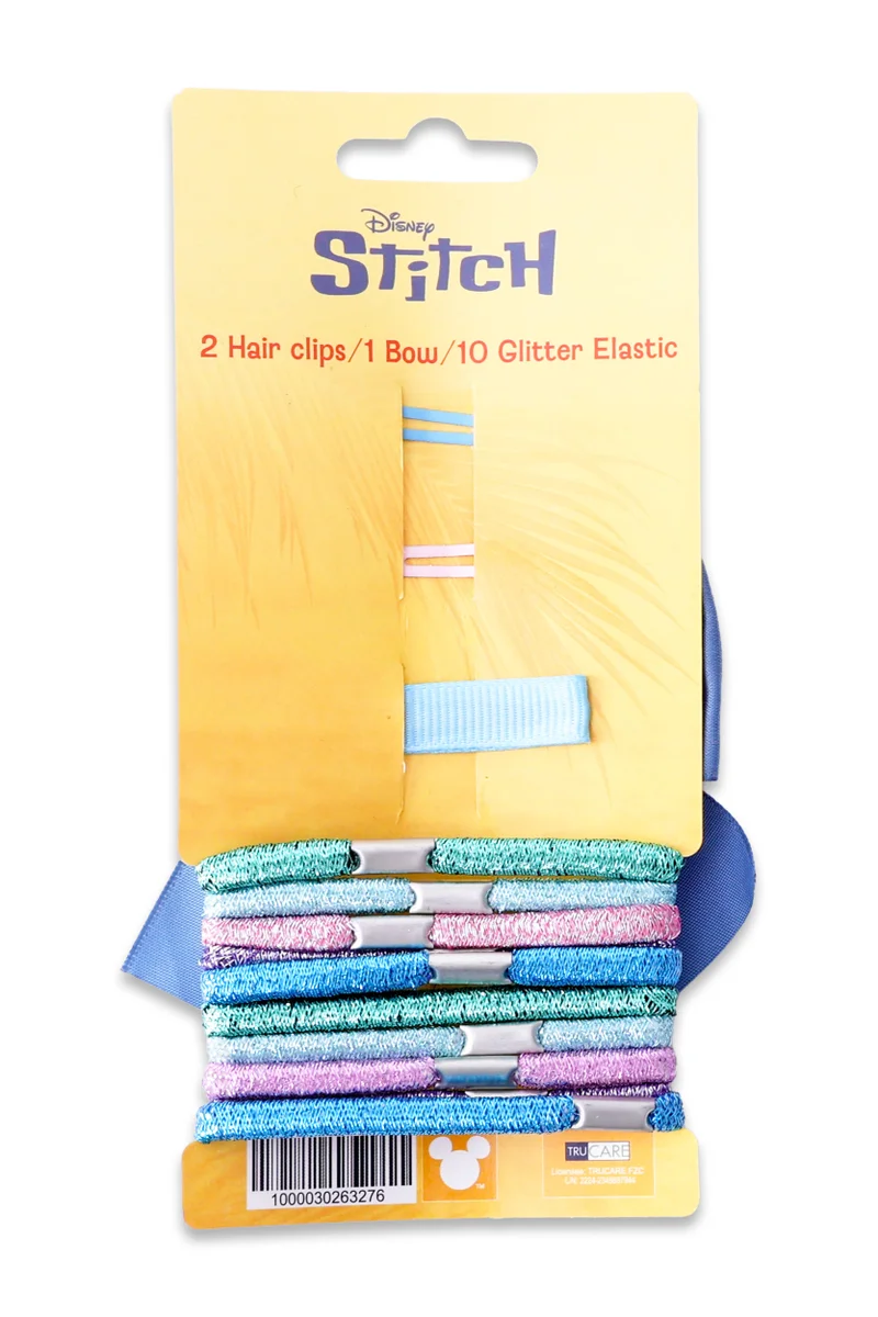 ديزني Disney - Stitch - 2 Hair Clips - 1bow - 10 Glitter Elastic