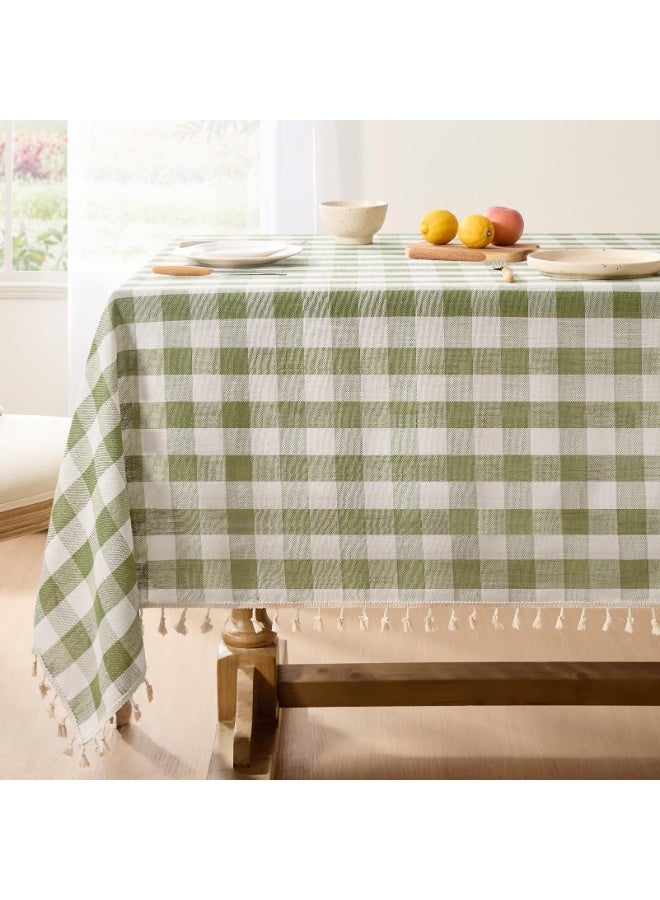 مفرش طاولة ربيعي منقوش، مفرش طاولة ثقيل الوزن من الكتان القطني بنقشة مربعات بوهو مع شرابة، غطاء طاولة منقوش بنقشة الجاموس مقاوم للتجاعيد لتناول الطعام والحفلات والأنشطة الخارجية، 55 × 70 بوصة، لون أخضر فاتح - Image 1