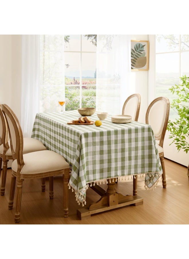 مفرش طاولة ربيعي منقوش، مفرش طاولة ثقيل الوزن من الكتان القطني بنقشة مربعات بوهو مع شرابة، غطاء طاولة منقوش بنقشة الجاموس مقاوم للتجاعيد لتناول الطعام والحفلات والأنشطة الخارجية، 55 × 70 بوصة، لون أخضر فاتح - Image 2