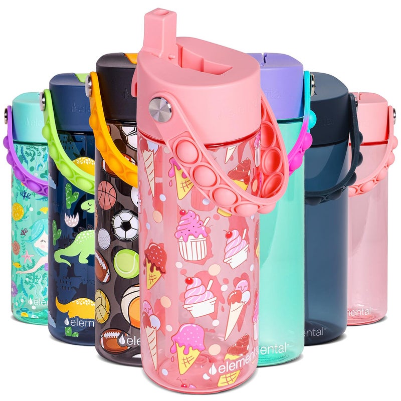 Elemental Water Bottles for Kids Splash Kids Water Bottle for School with Popit Handle BPA Free Tritan Plastic Water Bottle with Straw Leak Proof when Spout is Closed Ice Cream 18oz