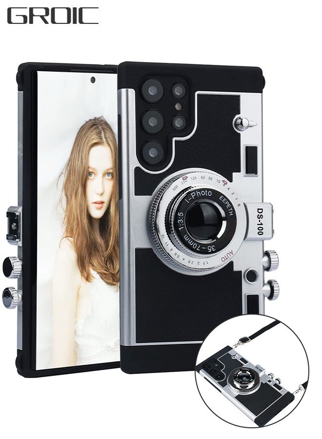 GROIC Phone Case for Samsung Galaxy S22 Ultra 5G 6.8 Inch Camera Case Vintage Cover Cute 3D Cool Unique Design Silicone Case with Removable Neck Strap Lanyard Black - Image 1