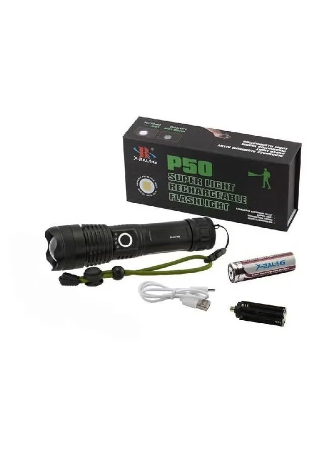 P50 SUPER LIGHT RECHARGEABLE FLASHLIGHT Powerful Flashlights Super Bright P50 LED Rechargeable Flashlight, USB Zoomable Hand Torch Light - Image 3