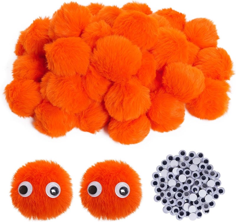 mifengda 50pcs Acrylic Orange Pompom Balls 2 Inch Acrylic Pompoms Large Balls Halloween Costume Pom Poms Crafts Pom Poms with 100pcs Adhesive Eyes for Halloween Party Christmas DIY Crafts - Image 1