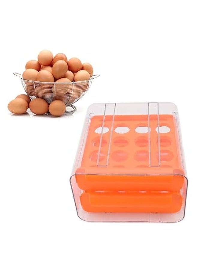 علبة تخزين بيض منزلية من طبقتين بتصميم منزلق، حافظة بيض شفافة بغطاء محكم وسعة كبيرة لتخزين الثلاجة، سهلة الاستخدام والتنظيف، لون برتقالي – منظم ثلاجة – صندوق تخزين بيض – أدوات مطبخ - Image 2