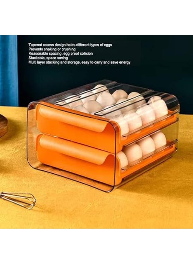 علبة تخزين بيض منزلية من طبقتين بتصميم منزلق، حافظة بيض شفافة بغطاء محكم وسعة كبيرة لتخزين الثلاجة، سهلة الاستخدام والتنظيف، لون برتقالي – منظم ثلاجة – صندوق تخزين بيض – أدوات مطبخ - Image 5