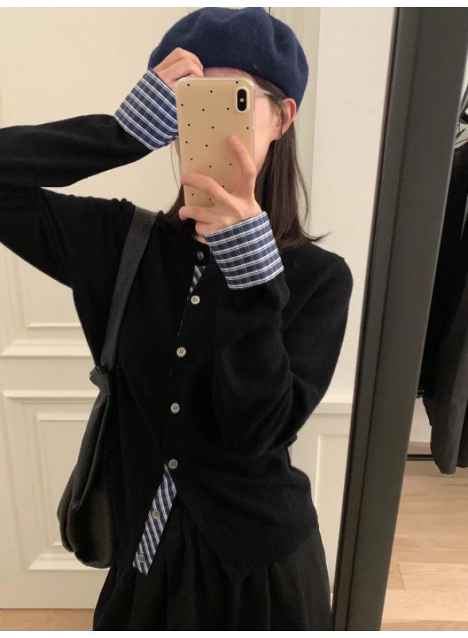 Leyuan Simple And Fashionable Color-blocking Plaid False Two-piece Round Neck Knitted Cardigan Women's Autumn Winter Coat Slimming Sweater - Image 5