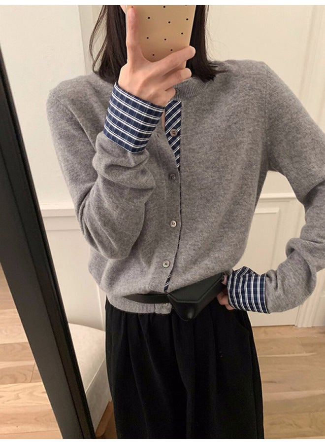 Leyuan Simple And Fashionable Color-blocking Plaid False Two-piece Round Neck Knitted Cardigan Women's Autumn Winter Coat Slimming Sweater - Image 3
