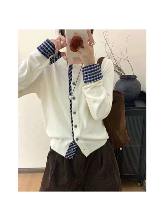 Leyuan Simple And Fashionable Color-blocking Plaid False Two-piece Round Neck Knitted Cardigan Women's Autumn Winter Coat Slimming Sweater - Image 1