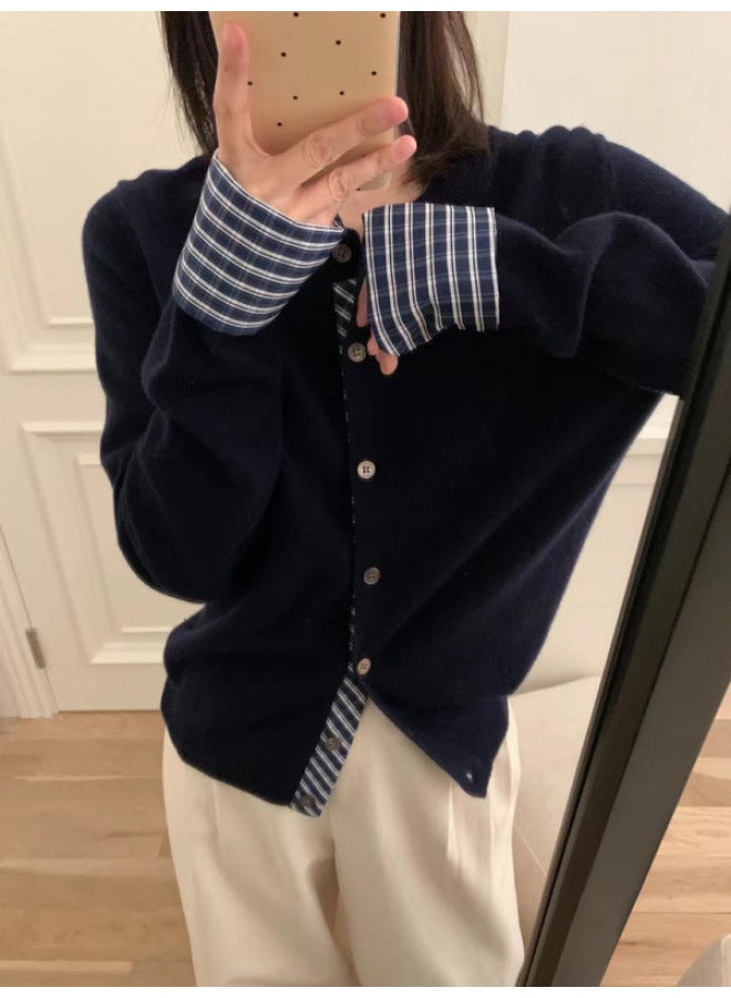Leyuan Simple And Fashionable Color-blocking Plaid False Two-piece Round Neck Knitted Cardigan Women's Autumn Winter Coat Slimming Sweater - Image 2