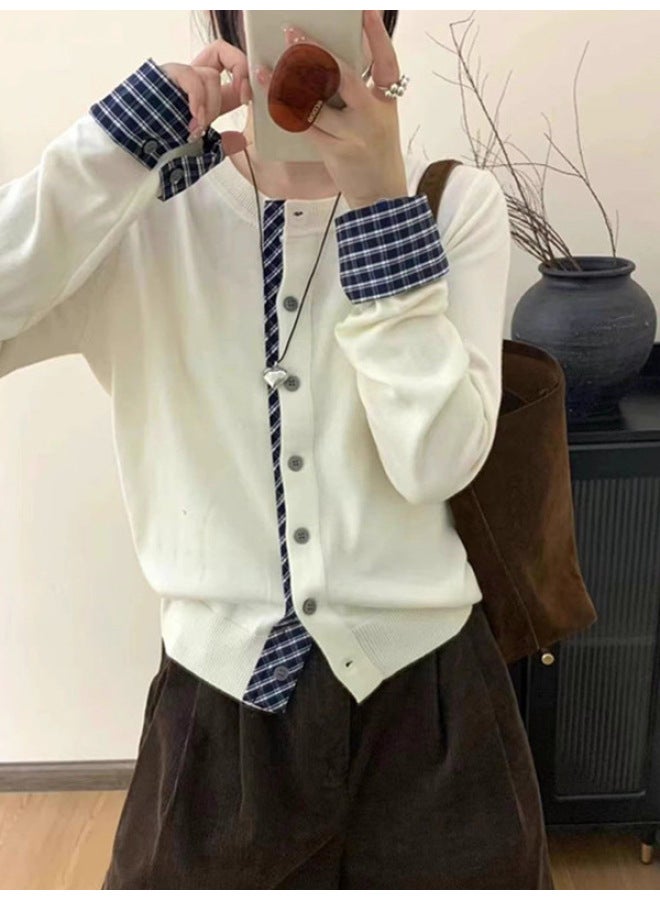 Leyuan Simple And Fashionable Color-blocking Plaid False Two-piece Round Neck Knitted Cardigan Women's Autumn Winter Coat Slimming Sweater - Image 4