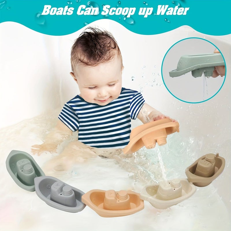 Kids Floating Boat Bath Toy Set 5 Colorful Boats 4 Silicone Animals Water Play - Image 4